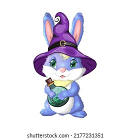 Cute Bunny in witch hat with pumpkin, broom, potion. Happy Halloween festival concept. Year 2023 hare mascot character.