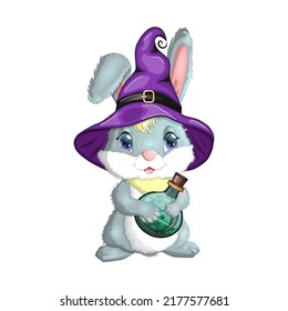 Cute Bunny in witch hat with pumpkin, broom, potion. Happy Halloween festival concept. Year 2023 hare mascot character.