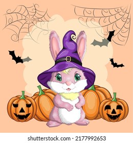 Cute Bunny in witch hat with pumpkin, broom, potion. Year 2023 hare mascot character. Happy Halloween festival concept