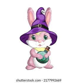 Cute Bunny in witch hat with pumpkin, broom, potion. Happy Halloween festival concept. Year 2023 hare mascot character.