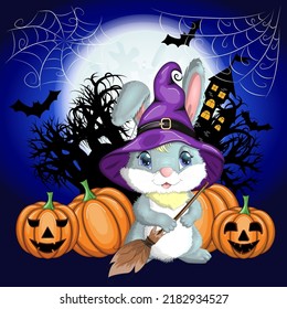 Cute Bunny in witch hat with pumpkin, broom, potion. Year 2023 hare mascot character. Happy Halloween festival concept