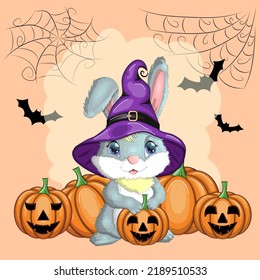 Cute Bunny in witch hat with pumpkin, broom, potion. Year 2023 hare mascot character. Happy Halloween festival concept