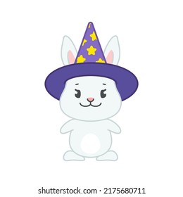 Cute bunny with a wizard hat. Flat cartoon illustration of a little gray rabbit dressed witch costume isolated on a white background. Vector 10 EPS.
