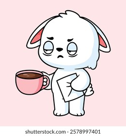 cute bunny working overtime and holding a cup of coffee