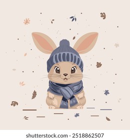 A cute bunny wrapped in a warm scarf sits in the forest under falling autumn leaves. Vector flat cartoon illustration. No artificial intelligence was used to create the illustration.
