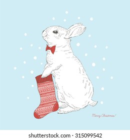 Cute bunny with xmas sock, hand drawn graphic, Merry Christmas illustration