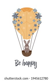 cute bunny in a yellow hot air balloon. Vector illustration. Isolated on white background