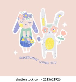 Cute Bunny-boy present bunny-girl flower and Easter egg vector illustration. Somebody loves you phrase. Romantic Easter poster for kids design.