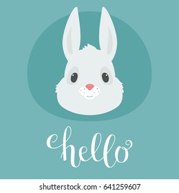 Cute bunny/rabbit head. Hand writing "Hello". Vector illustration