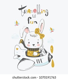 cute Bunny.Rabbit on airplane.cartoon hand drawn vector illustration. Can be used for baby t-shirt print, fashion print design, kids wear, baby shower celebration greeting and invitation card.