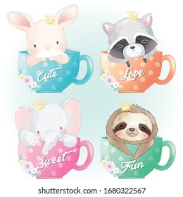 Cute bunny,raccoon, elephant and sloth sitting inside the coffee cup