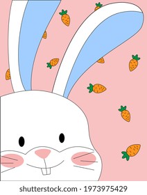 A cute bunny's face close-up on a pink background with carrots.