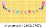 Cute bunting with Easter eggs in halftone collage style, colorful background, poster, flyer with hands holding a garland