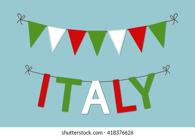 Cute bunting flags with letters in traditional colors of Italy, can be used as decorative elements for Republic Day, Independence Day etc