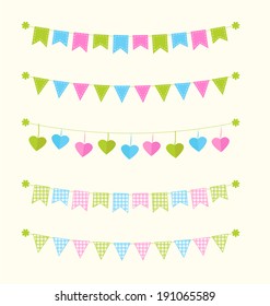 Cute bunting flags set blue, pink and green with stitches  and gingham for scrapbook Vector illustration