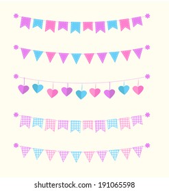 Cute bunting flags set blue, pink and purple with stitches  and gingham for scrapbook Vector illustration