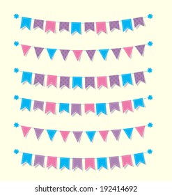 Cute bunting flags set blue, pink, purple with stitches and polka dots for scrapbook Vector illustration