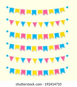 Cute bunting flags set blue, pink, yellow with stitches and polka dots for scrapbook Vector illustration