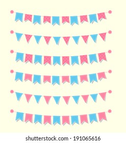 Cute bunting flags set pink and blue with stitches  and polka dots for scrapbook Vector illustration
