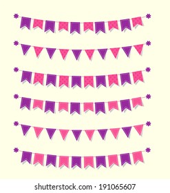 Cute bunting flags set purple and pink with stitches  and polka dots for scrapbook Vector illustration