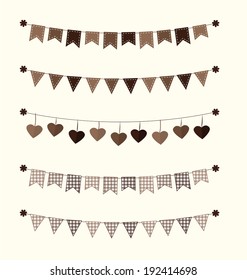 Cute bunting flags set retro brown with stitches and gingham for scrapbook Vector illustration