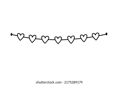 Cute bunting with hearts isolated on white background. Festive garland. Vector hand-drawn illustration in doodle style. Perfect for holiday designs, cards, decorations, logo.
