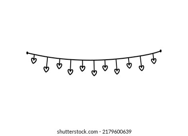 Cute bunting with hearts isolated on white background. Festive garland. Vector hand-drawn illustration in doodle style. Perfect for holiday designs, cards, decorations, logo.