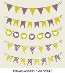 Cute bunting set dark yellow and brown for scrapbook with hearts and polka dots. Vector illustration