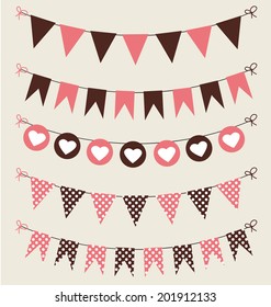 Cute bunting set pastel pink and brown for scrapbook with hearts and polka dots. Vector illustration