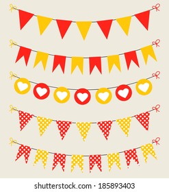 Cute bunting set red and yellow colors for scrapbook with hearts and polka dots. Vector illustration
