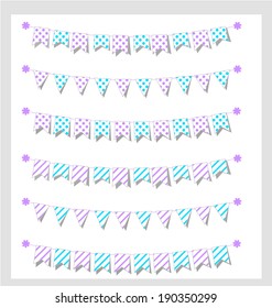 Cute bunting set white, blue and purple with polka dots and stripes with shadow 3d for scrapbook Vector illustration