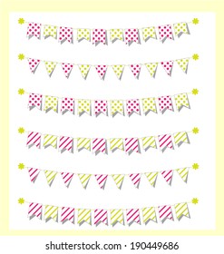Cute bunting set white, green and pink with polka dots and stripes with shadow 3d set for scrapbook Vector illustration