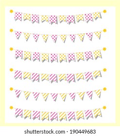 Cute bunting set white, yellow and pink with polka dots and stripes with shadow 3d set for scrapbook Vector illustration