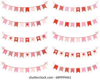 Cute buntings with hearts, dots and stripes in pink and red colors for Valentines day, invitations and greeting cards