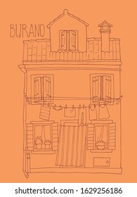 Cute Burano house. Hand-drawn vector illustration with hand lettering.