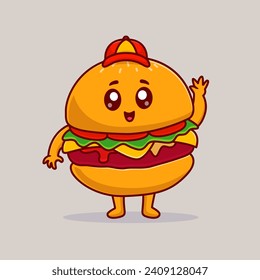 Cute Burger With Cap Cartoon Vector Icon Illustration. Food 
Object Icon Concept Isolated Premium Vector. Flat Cartoon
Style
