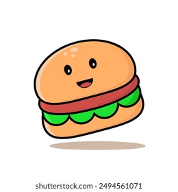 Netter Burger-Cartoon-Zeichenausdruck. Burger Food Floating Cartoon Vektorgrafik Icon Illustration. Food Object Icon Concept Vektorgrafik des isolierten Premiums. Flacher Zeichentrickstil