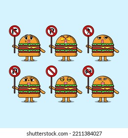Cute Burger cartoon character holding traffic sign illustration in modern 3d style design