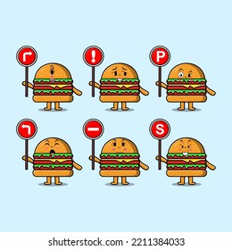 Cute Burger cartoon character holding traffic sign illustration in modern 3d style design