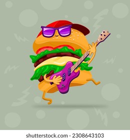 cute burger cartoon character is playing music using bass guitar. wearing glasses and a hat like a rock or jazz musician