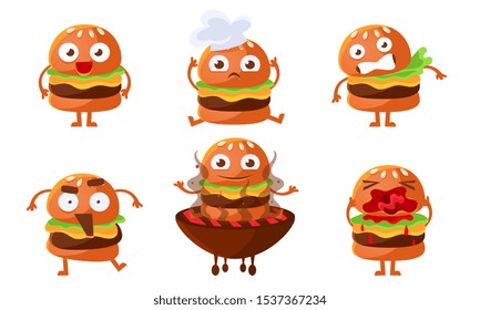 Cute Burger Cartoon Character Set, Funny Fast Food with Various Emotions Vector Illustration