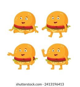 Cute Burger Cartoon Character Set. Burgers Sitting, Walking, Standing and Saying Hello Vector Illustration