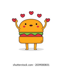 Cute burger cartoon character spreading love