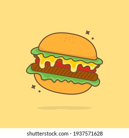 Cute burger cartoon illustration vector icon. Concept Premium Vector Food Icons Isolated. 