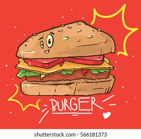 Cute burger cartoon illustration , vector drawing.