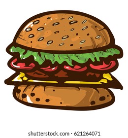 Cute burger cartoon illustration , vector drawing.