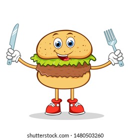 Cute Burger Cartoon Mascot Character Holding Silverware.