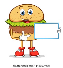 Cute Burger Cartoon Mascot Character With Holding a Blank Sign. 