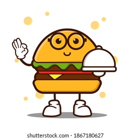 cute burger cartoon mascot character funny expression holding food cover
