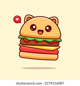 Cute Burger Cat Cartoon Vector Icon Illustration. Animal Food Icon Concept Isolated Premium Vector. Flat Cartoon Style